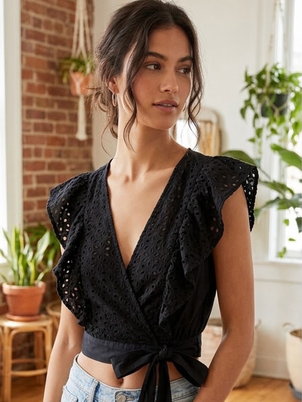 Flying Tomato Black Eyelet Black Wrap Crop Top Size Small